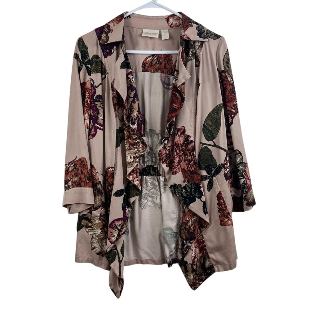 Romantic Pink Floral Ruffle Chico's Open Front Cinched Back Jacket Small Spring